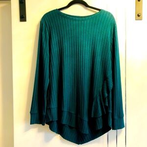 Westbound Large Teal Green Long line Sweater Tunic Asymmetrical Ruffled Rib Knit